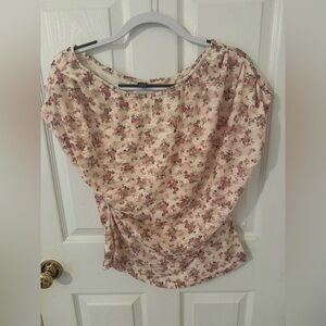 Floral Tie-Waist Women's Top - Cream with Pink Floral